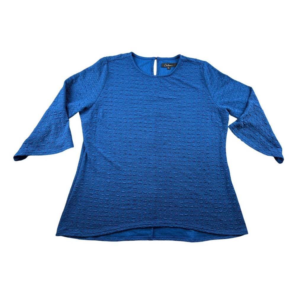 Calessa Boho Blouse Women XL‎ Blue 3/4 Sleeve Crinkle Texture Round Neck Artsy